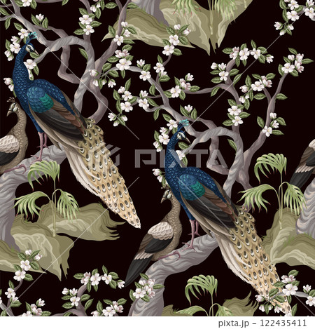 Chinoiserie seamless pattern with peacocks and flowers trees. Vector. 122435411