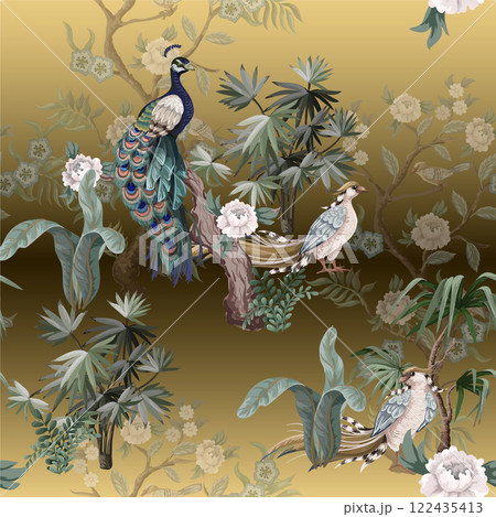 Seamless pattern in chinoiserie style with storks, birds and peonies. Vector, Seamless pattern in chinoiserie style with storks, birds and peonies. Vector, 122435413