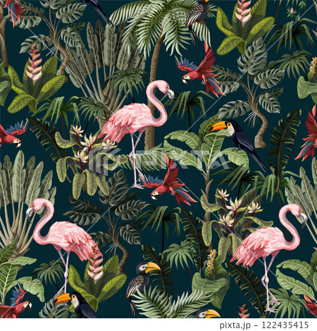 Seamless pattern with jungle animals, flowers and trees. Vector. 122435415