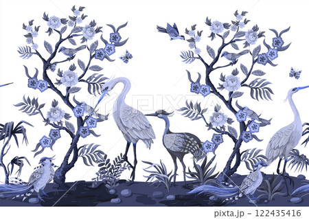 Border in chinoiserie style with herons and peonies. Vector. Border in chinoiserie style with herons and peonies. Vector. 122435416