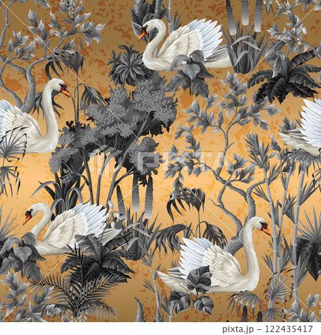 Seamless pattern with white swans and plants on the gold background. Vector. Seamless pattern with white swans and plants on the gold background. Vector. 122435417