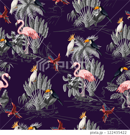 Seamless pattern with jungle animals, flowers and trees. Vector. Seamless pattern with jungle animals, flowers and trees. Vector. 122435422