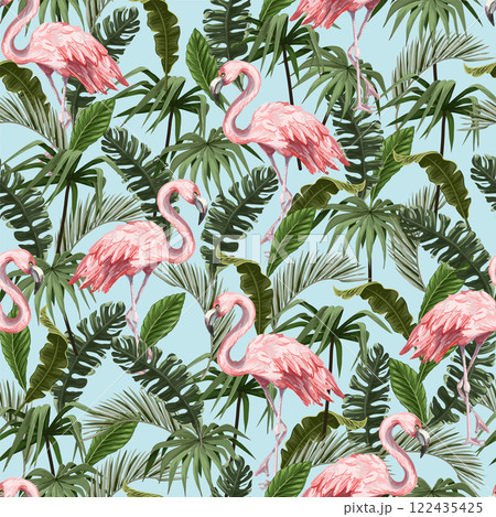Seamless pattern with flamingo and tropical leaves. Vector. 122435425