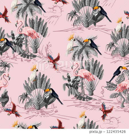 Seamless pattern with jungle animals, flowers and trees. Vector. Seamless pattern with jungle animals, flowers and trees. Vector. 122435426