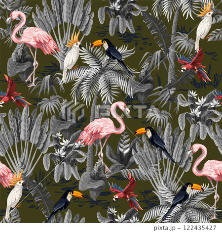 Seamless pattern with jungle animals, flowers and trees. Vector. Seamless pattern with jungle animals, flowers and trees. Vector. 122435427