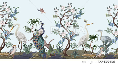 Border in chinoiserie style with herons, peacock and peonies. Vector. 122435436
