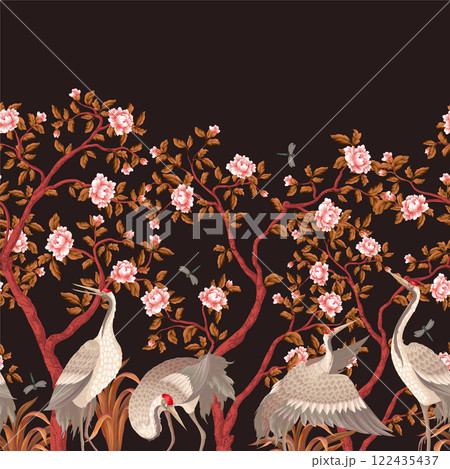 Chinoiserie wallpaper with peonies trees and dancing crenies. Vector. Chinoiserie wallpaper with peonies trees and dancing crenies. Vector. 122435437