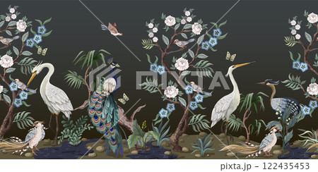 Border in chinoiserie style with herons, peacock and peonies. Vector. Border in chinoiserie style with herons, peacock and peonies. Vector. 122435453