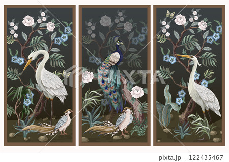Folding screen in chinoiserie style with peacock and peonies 122435467
