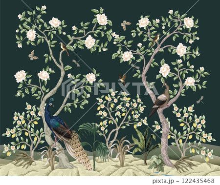 Chinoiserie mural with peacocks and flowers trees. Vector. 122435468