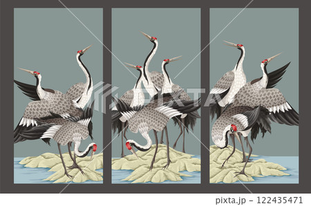 Chinoiserie wallpaper with peonies trees and dancing crenies. Vector. Chinoiserie wallpaper with peonies trees and dancing crenies. Vector. 122435471