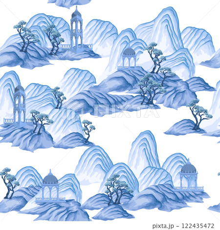 Seamless pattern with watercolour Chinese mountains. Vector. 122435472
