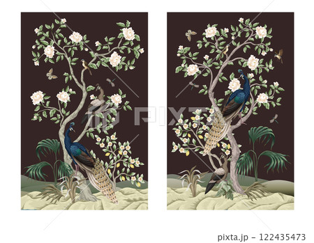 Chinoiserie mural with peacocks and flowers trees. Vector. 122435473