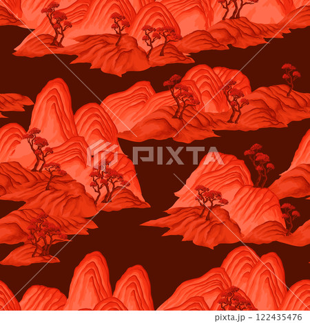 Seamless pattern with watercolour Chinese mountains. Vector. 122435476
