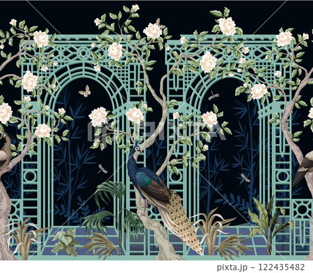 Border with peacocks, peonies and alcove in chinoiserie style. Vector. 122435482