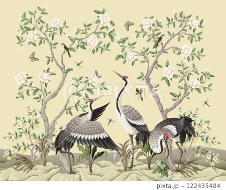Chinoiserie wallpaper with peonies trees and dancing crenies. Vector. 122435484