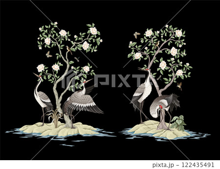 Peonies trees and dancing crenies isolated. Vector. 122435491