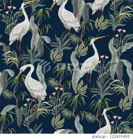 Seamless pattern in chinoiserie style with storks, birds and peonies. Vector, Seamless pattern in chinoiserie style with storks, birds and peonies. Vector, 122435493