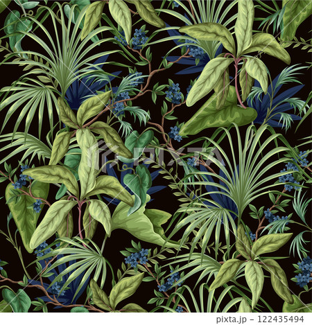 Seamless pattern with exotic trees, leaves and flowers. Vector. 122435494