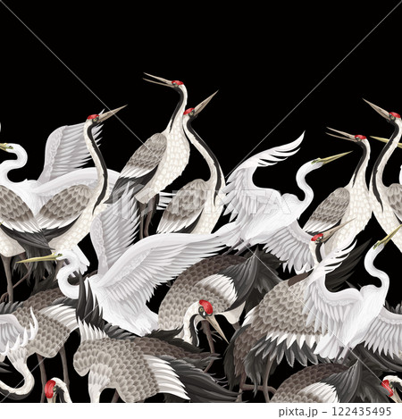 Border with dancing crenies and herons. Vector. Border with dancing crenies and herons. Vector. 122435495