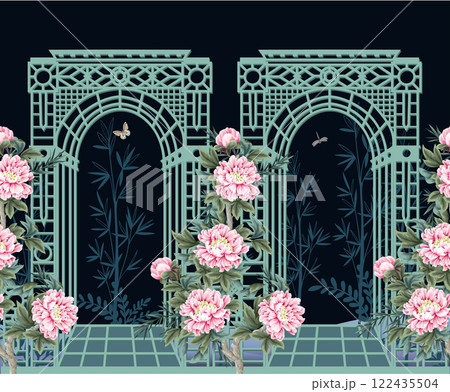 Seamless border with alcove and peonies in chinoiserie style. Vector. 122435504