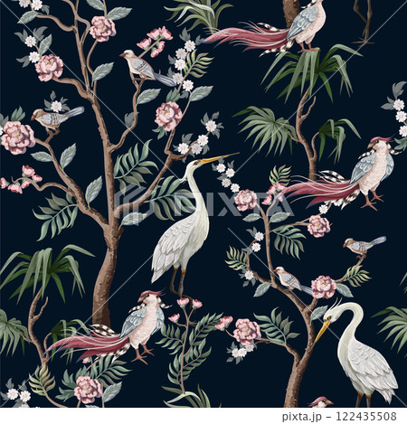 Seamless pattern in chinoiserie style with storks, birds and peonies. Vector, Seamless pattern in chinoiserie style with storks, birds and peonies. Vector, 122435508