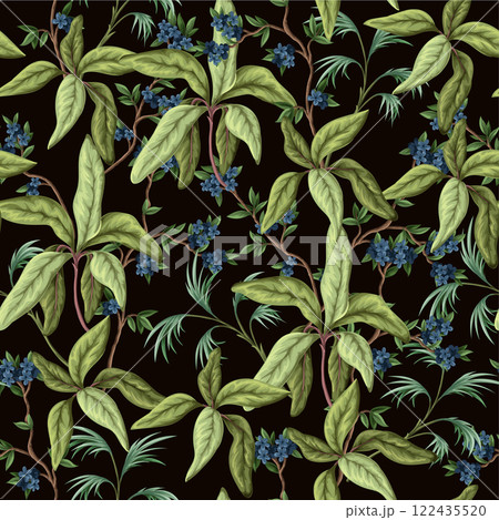 Seamless pattern with exotic trees, leaves and flowers. Vector. Seamless pattern with exotic trees, leaves and flowers. Vector. 122435520
