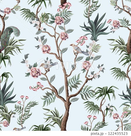 Seamless pattern in chinoiserie style with peonies. Vector, 122435523