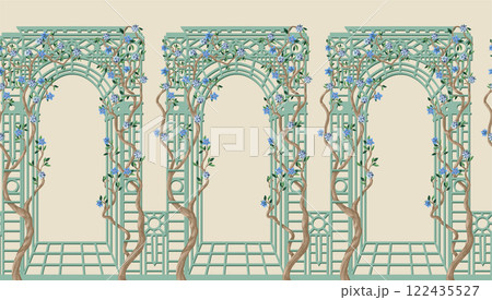 Alcove and trees with flowers in chinoiserie style. Vector. 122435527