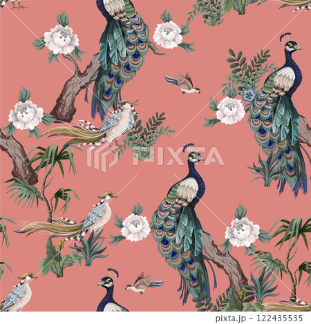 Seamless pattern in chinoiserie style with storks, birds and peonies. Vector, 122435535