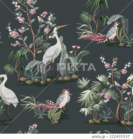 Seamless pattern in chinoiserie style with storks, birds and peonies. Vector, Seamless pattern in chinoiserie style with storks, birds and peonies. Vector, 122435537