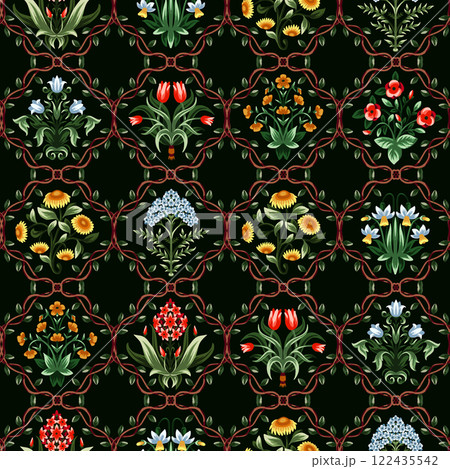 Ditsy seamless pattern with symmetrical flowers. Vector. Ditsy seamless pattern with symmetrical flowers. Vector. 122435542