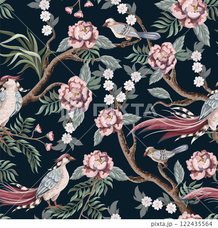 Seamless pattern in chinoiserie style with storks, birds and peonies. Vector, 122435564