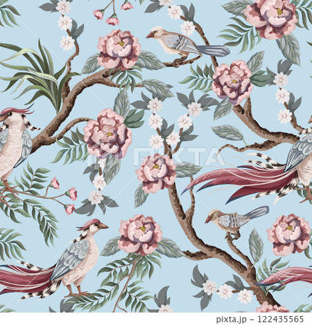 Seamless pattern in chinoiserie style with storks, birds and peonies. Vector, 122435565