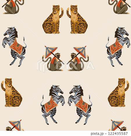 Seamless pattern with zebra, leopard and monkey. Vector. 122435587