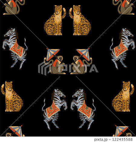 Seamless pattern with zebra, leopard and monkey. Vector. Seamless pattern with zebra, leopard and monkey. Vector. 122435588