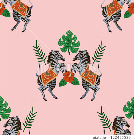 Seamless pattern with zebras and flowers. Vector. 122435589