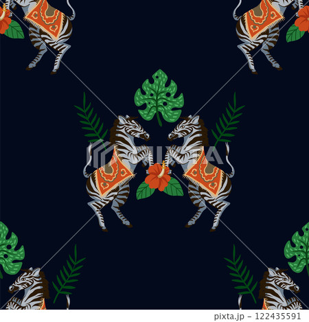 Seamless pattern with zebras and flowers. Vector. 122435591