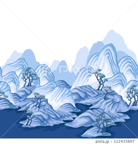 Border with watercolour Chinese mountains. Vector. 122435607