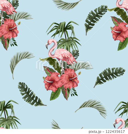 Seamless pattern with flamingo and tropical leaves. Vector. Seamless pattern with flamingo and tropical leaves. Vector. 122435617