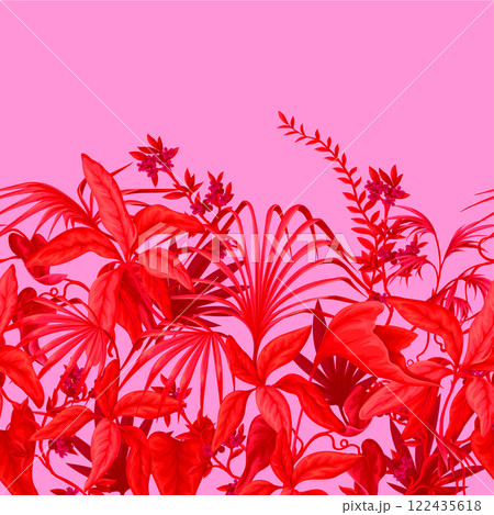 Border with exotic trees, leaves and flowers. Vector. Border with exotic trees, leaves and flowers. Vector. 122435618