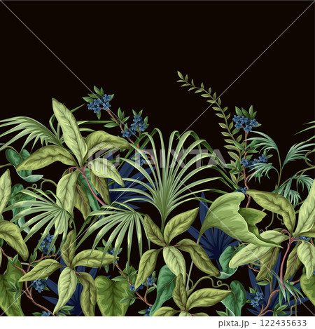 Border with exotic trees, leaves and flowers. Vector. 122435633