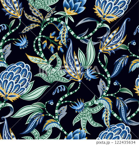 Chintz seamless pattern with flowers and leaves. Vector. 122435634
