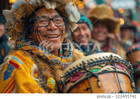 Happy Native American man playing a drum outdoors with a crowd of people in the background. 122435742