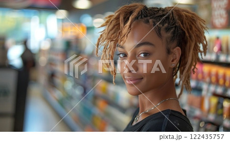 Portrait of a young woman with dreadlocks smiling in a grocery store 122435757