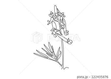 Single one line drawing of beauty fresh corydalis for garden logo. Decorative perennial herbaceous flower home wall decoration poster art print. Continuous line draw design graphic vector illustration 122435876