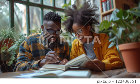African American student and her male friend cooperating while doing a research in a library. Multi ethnic couple 122436551