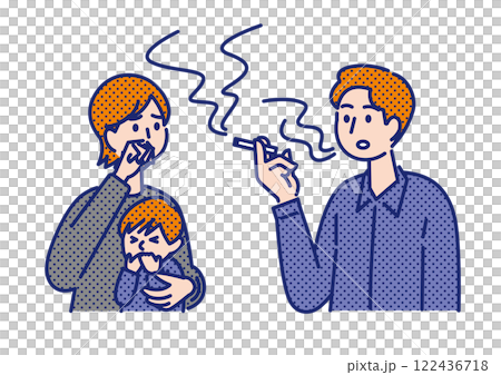 Illustration of a man smoking a cigarette and his family exposed to secondhand smoke Illustration of a man smoking a cigarette and his family exposed to secondhand smoke 122436718