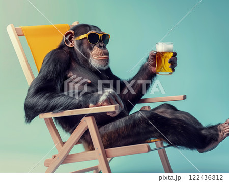 A monkey is sitting in a chair with a beer in his hand 122436812