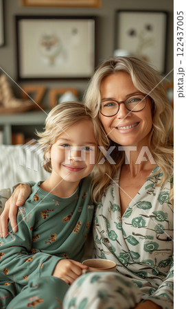 A woman and a young boy are sitting on a couch, both wearing pajamas 122437005
